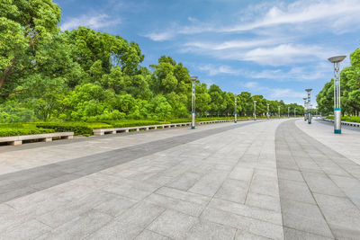 Empty road by trees against sky