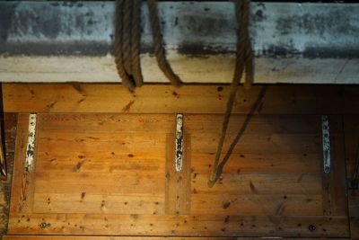 High angle view of wooden planks on hardwood floor