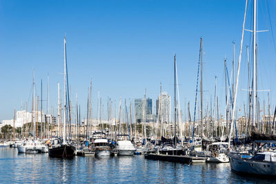 Yachts moored at harbor against blue sky