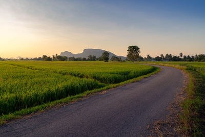 Road amidst field against sky during sunset