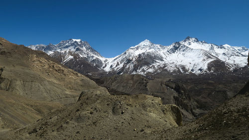 Scenic view of snowcapped mountains against clear blue sky