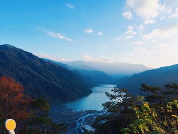 Scenic view of lake by mountains against sky