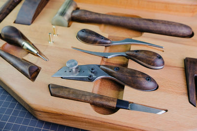 High angle view of tools on table