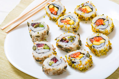 High angle view of sushi served on table