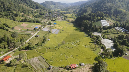 High angle view of buildings in town