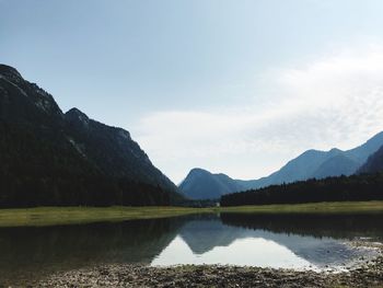 Scenic view of lake and mountains against sky