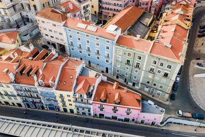 High angle view of residential buildings in city