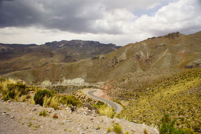 Scenic view of land and mountains against sky