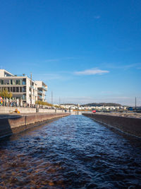 Low angle view of inlet to phoenixsee in the german city of dortmund on a sunny afternoon