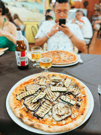 High angle view of pizza on table