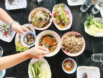 High angle view of people having food