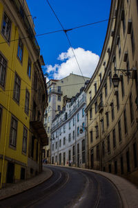 Road by buildings in city against sky