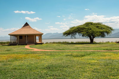 A cabin at the shores of lake jipe at kenya tanzania border in tsavo west national park in kenya