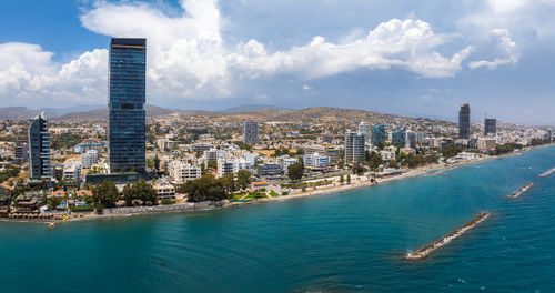 High angle view of city at waterfront