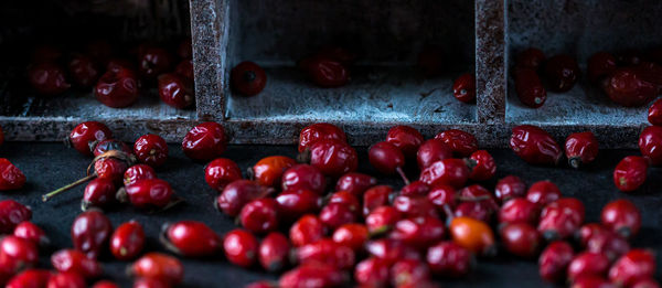 Dried rosehip fruits on the table