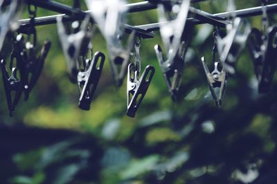 High angle view of raindrops on clothesline