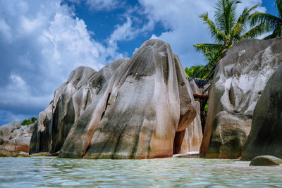 Panoramic view of rock formation by sea against sky