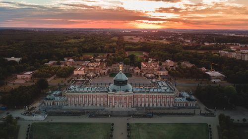 High angle view of townscape against sky during sunset