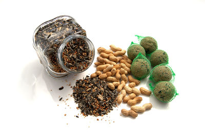 High angle view of various food on white background