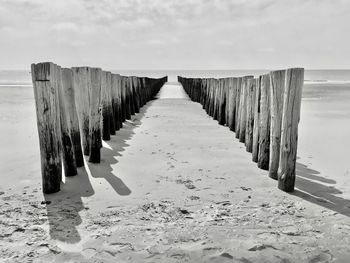 Wooden posts on beach against sky