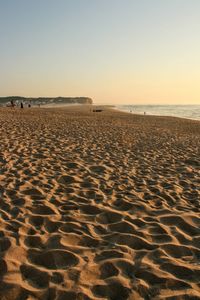 Scenic view of beach against clear sky during sunset