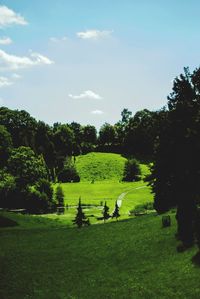 Scenic view of golf course on field against sky