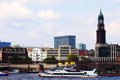 Buildings by river against sky in city