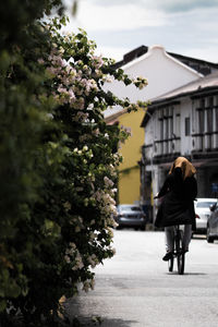 Rear view of a woman cycling on the street