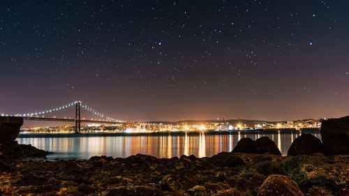 Illuminated bridge over river against sky at night