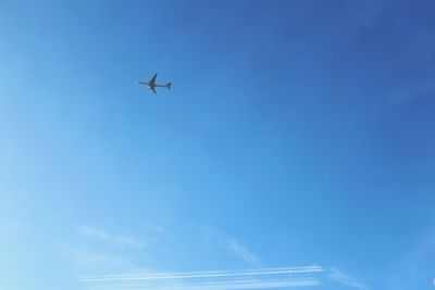 Low angle view of airplane in flight against blue sky