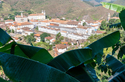 High angle view of buildings in town