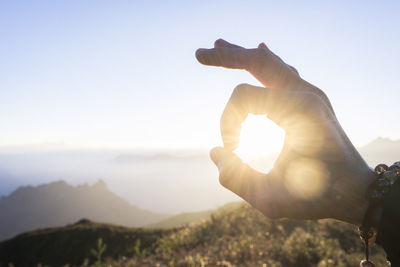 Close-up of hand gesturing against sky