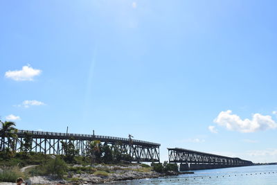 Bridge over sea against blue sky