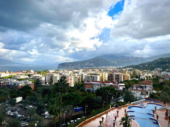 High angle shot of townscape against sky