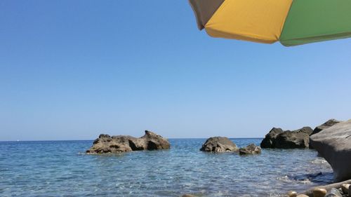 Scenic view of sea against clear blue sky