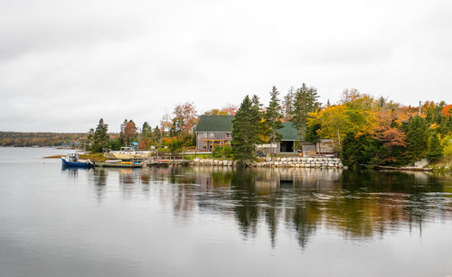 Scenic view of lake by building against sky