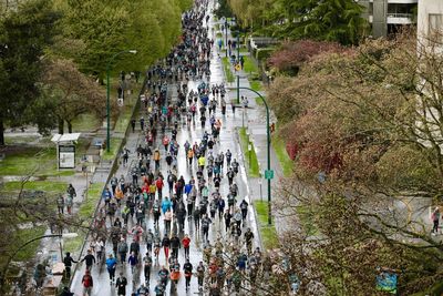 High angle view of people in city