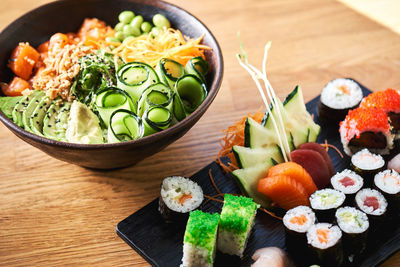 High angle view of sushi served on table