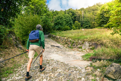 Man walking in the mountain forest. male with backpack hike in the nature. guy goes trekking outdoor