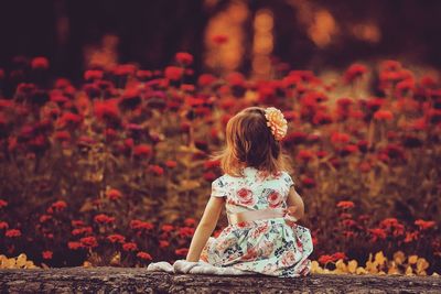 Rear view of woman sitting on pink flowering plants