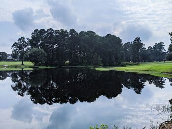 Reflection of trees in lake against sky