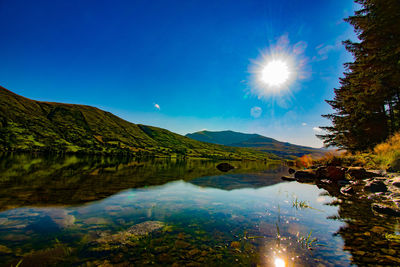 Scenic view of lake and mountains against blue sky