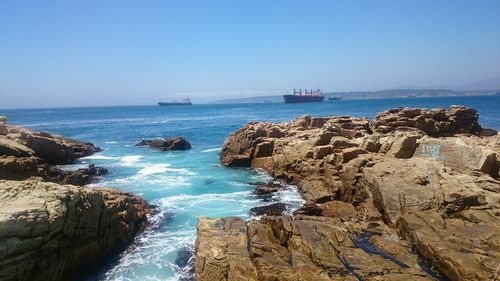 Scenic view of sea against blue sky