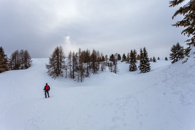 People on snow covered land against sky