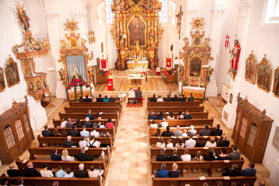 High angle view of statues in building