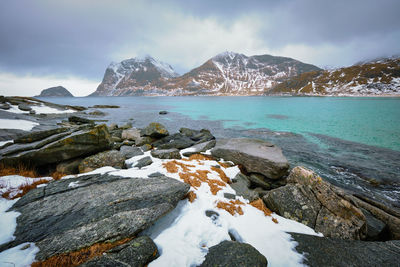 Scenic view of snowcapped mountains against sky