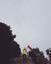 Rear view of man holding flag while standing on land against clear sky