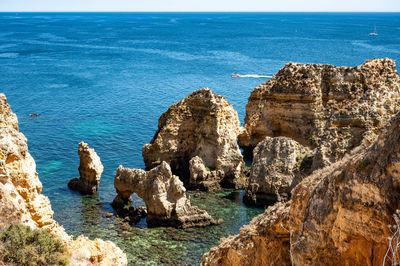 Panoramic view of rocks on beach against sky