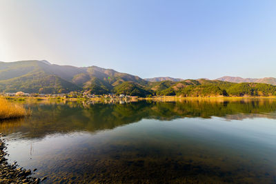 Scenic view of lake and mountains against clear sky