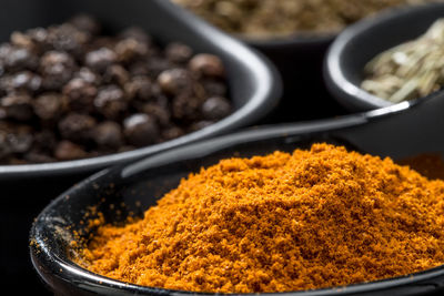High angle view of spices in container